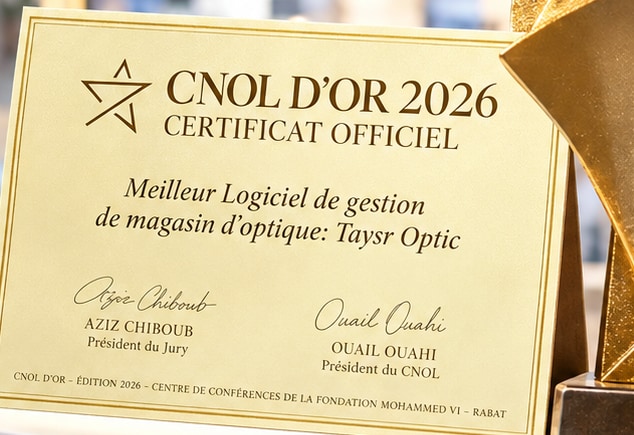 Certificat officiel CNOL d’Or 2026 décerné à Taysr Optic, meilleur logiciel de gestion de magasin d’optique