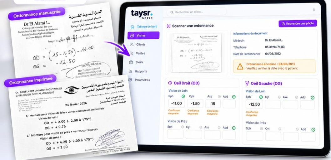 Ordonnances manuscrite et imprimée d’origine, à côté de l’interface Taysr Optic Cloud qui extrait automatiquement les valeurs OD/OG avec un niveau de confiance par champ