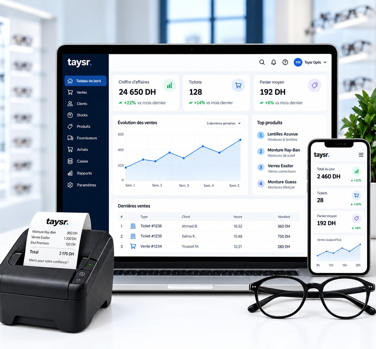 Tableau de bord Taysr Optic affiché sur ordinateur portable et mobile, avec ventes du jour, tickets et top produits, à côté d’une imprimante ticket
